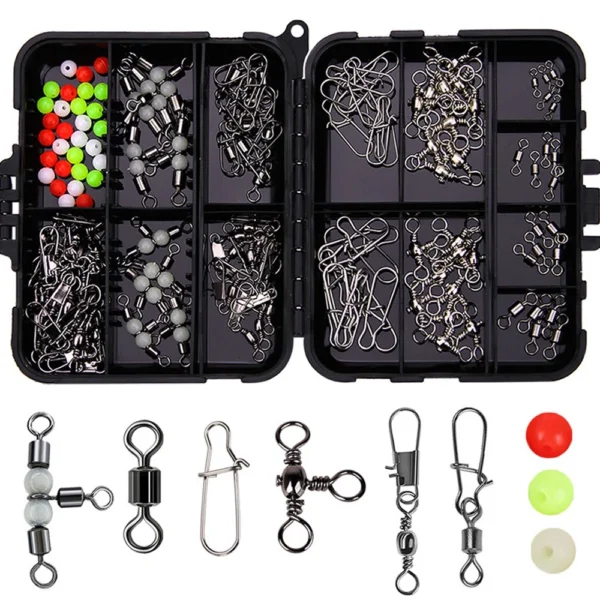 23e7aa80e35792a7e2736c9fc7a33d20.webp 141Pcs set Rock Sea Fishing Lure Accessories Fishing Connectors Swivels Set Pin Bearing Rolling Swivel Snap Fishhook Lur